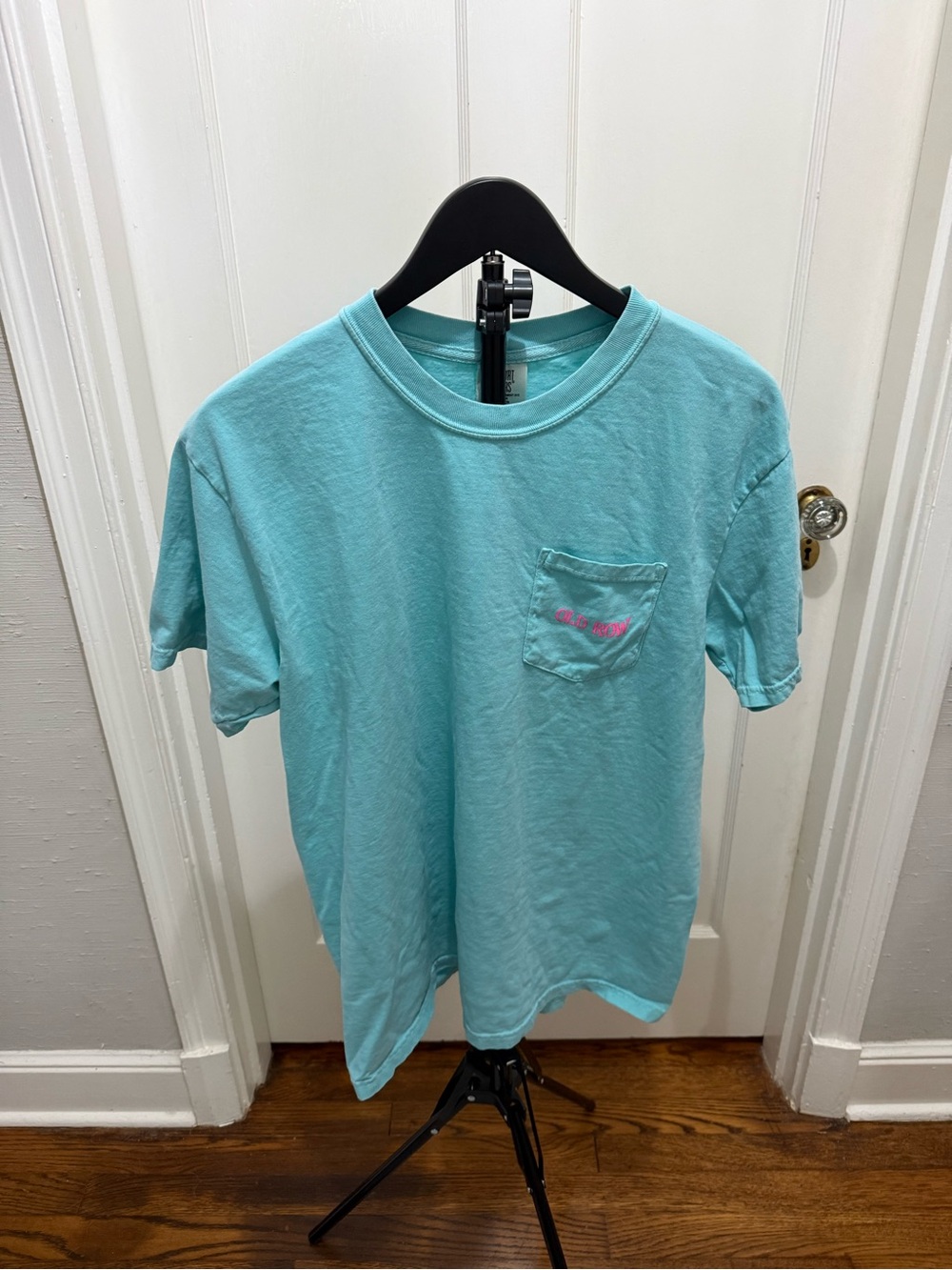 Youth Aqua Pocket Tee with Pink Logo